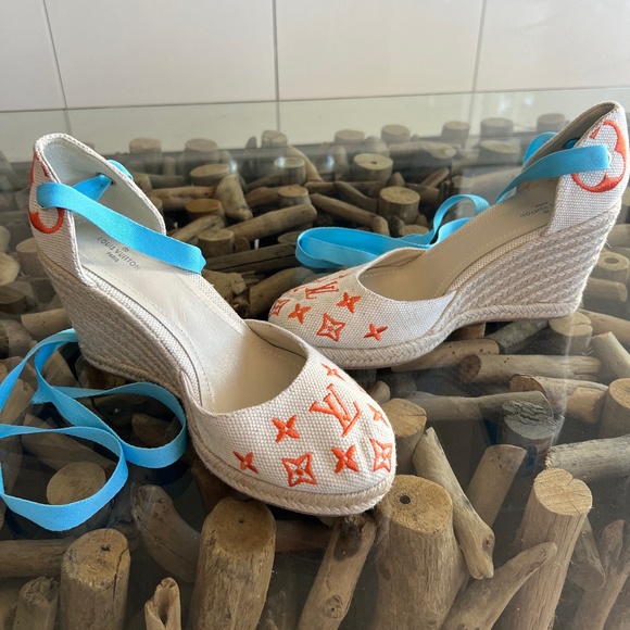 LOUIS VUITTON Canvas Monogram Starboard Espadrille Wedge Sandals - Picture 1 of 9
